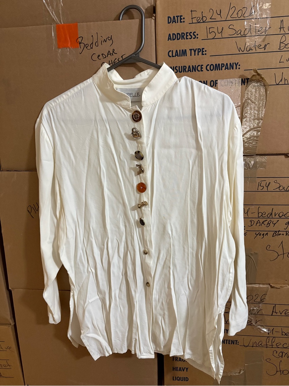 Vintage Light Cream Band Collar Blouse with Mixed Buttons